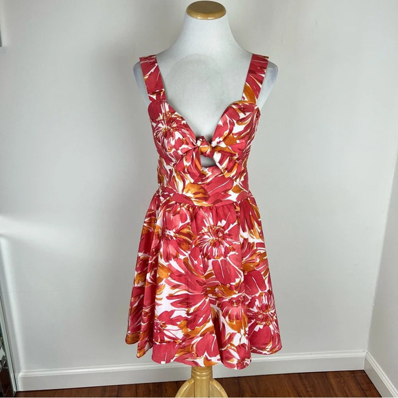 Alexis Floral Print Dress Orange Pink Tie Bow Size M - Picture 4 of 8